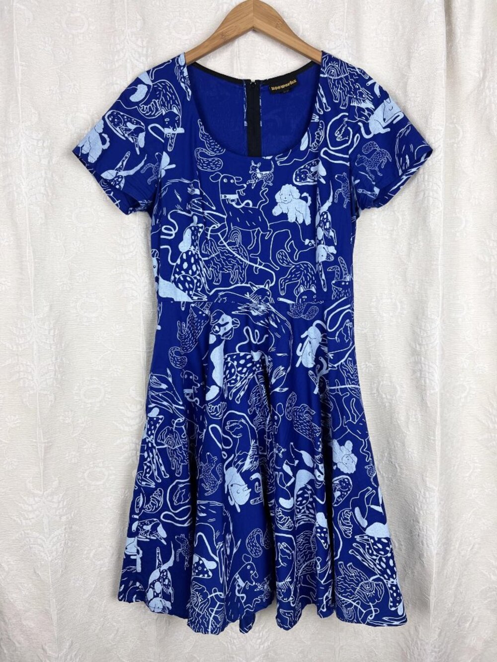 Nooworks Loretta Dress in Blue Dog Print fit & flare stretch cotton whimsy Large